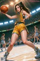 A woman in a yellow and blue uniform holding a basketball.